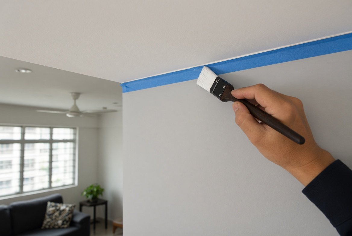Painter cutting in a crisp edge along a ceiling in a Singapore home